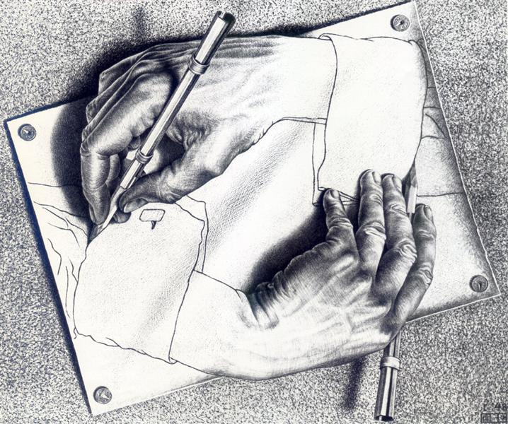 Black and White image of a hand drawing another hand